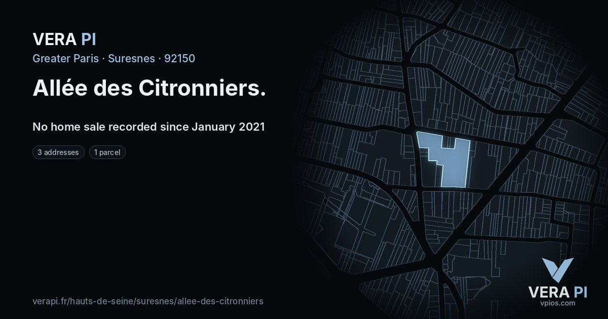 Allée des Citronniers, Suresnes at night – every parcel coloured by the prices around it, the street's own parcels lit