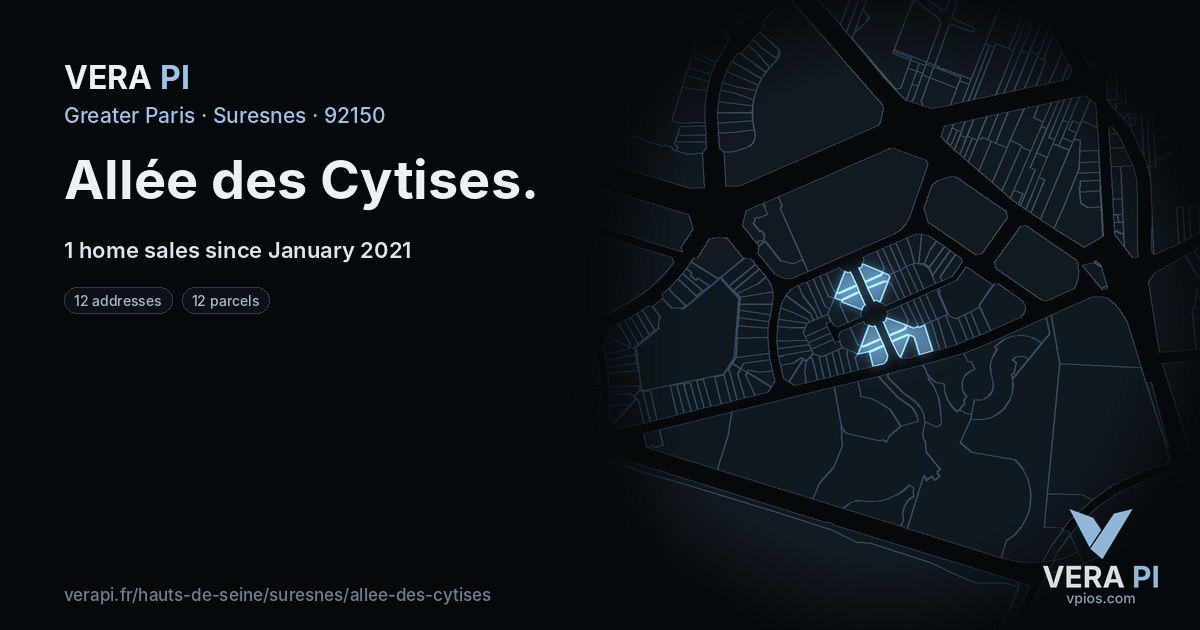 Allée des Cytises, Suresnes at night – every parcel coloured by the prices around it, the street's own parcels lit