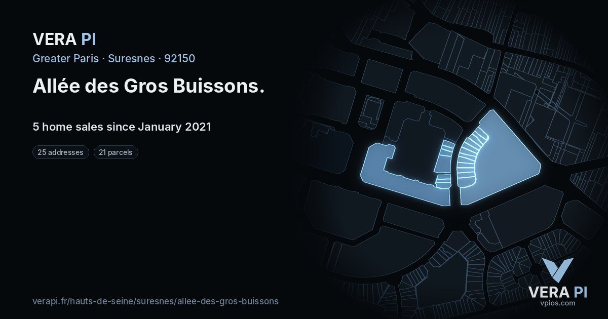 Allée des Gros Buissons, Suresnes at night – every parcel coloured by the prices around it, the street's own parcels lit