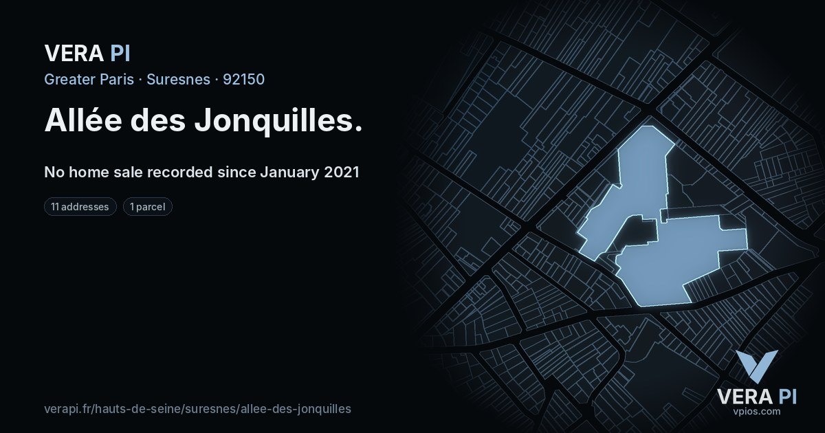 Allée des Jonquilles, Suresnes at night – every parcel coloured by the prices around it, the street's own parcels lit
