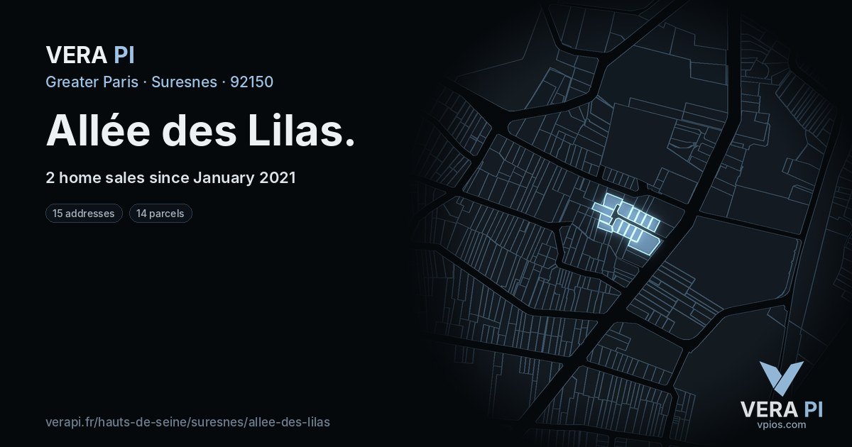 Allée des Lilas, Suresnes at night – every parcel coloured by the prices around it, the street's own parcels lit