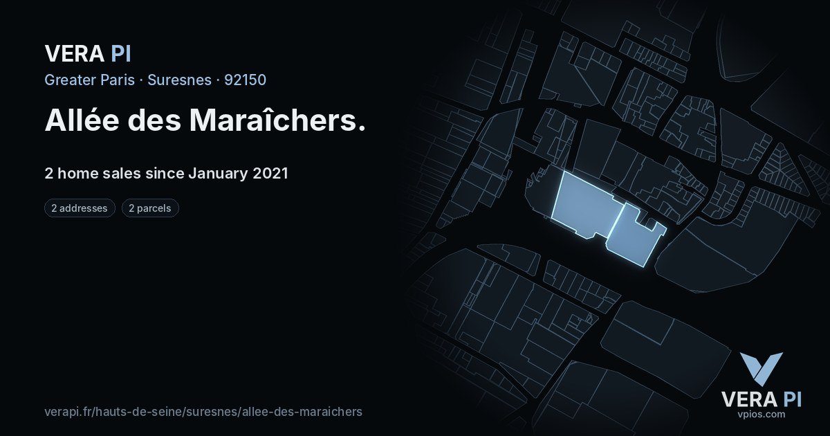 Allée des Maraîchers, Suresnes at night – every parcel coloured by the prices around it, the street's own parcels lit