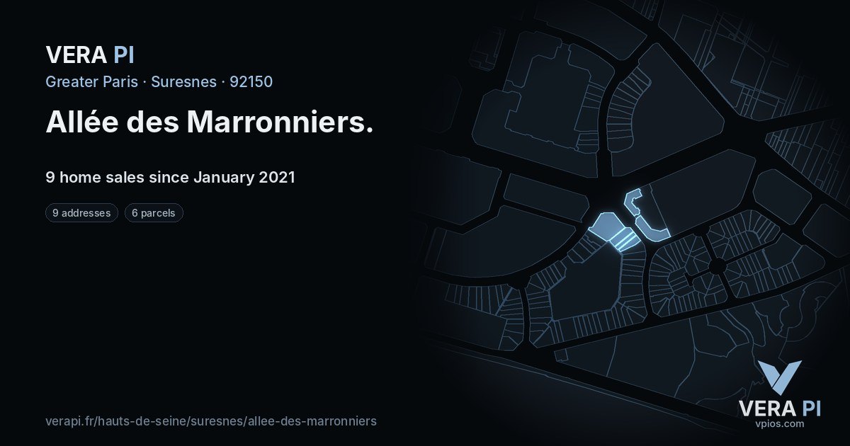 Allée des Marronniers, Suresnes at night – every parcel coloured by the prices around it, the street's own parcels lit