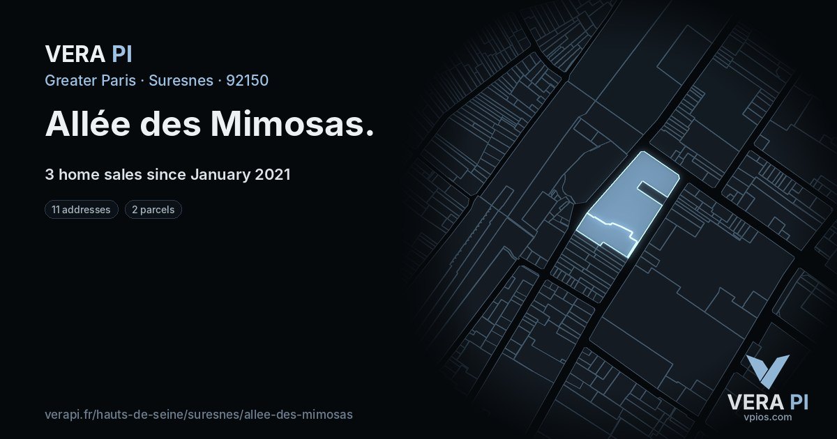Allée des Mimosas, Suresnes at night – every parcel coloured by the prices around it, the street's own parcels lit