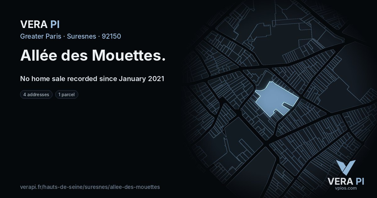 Allée des Mouettes, Suresnes at night – every parcel coloured by the prices around it, the street's own parcels lit