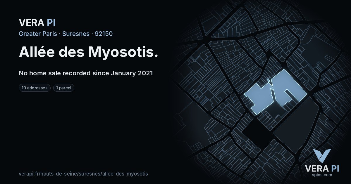 Allée des Myosotis, Suresnes at night – every parcel coloured by the prices around it, the street's own parcels lit