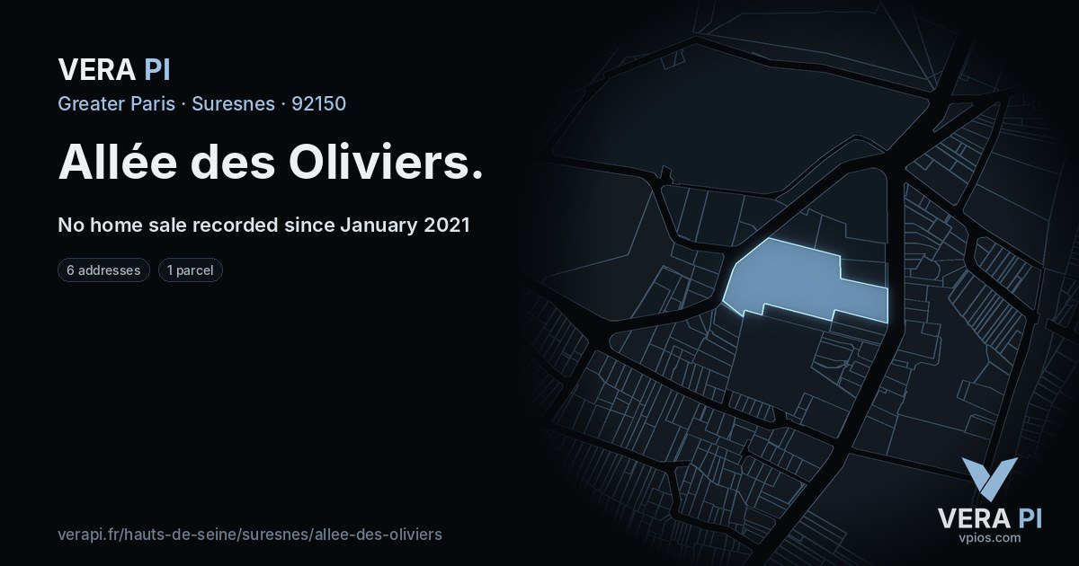 Allée des Oliviers, Suresnes at night – every parcel coloured by the prices around it, the street's own parcels lit