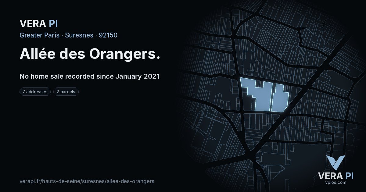 Allée des Orangers, Suresnes at night – every parcel coloured by the prices around it, the street's own parcels lit