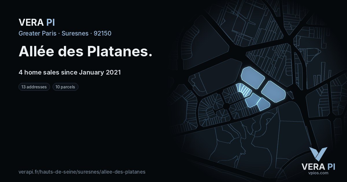 Allée des Platanes, Suresnes at night – every parcel coloured by the prices around it, the street's own parcels lit