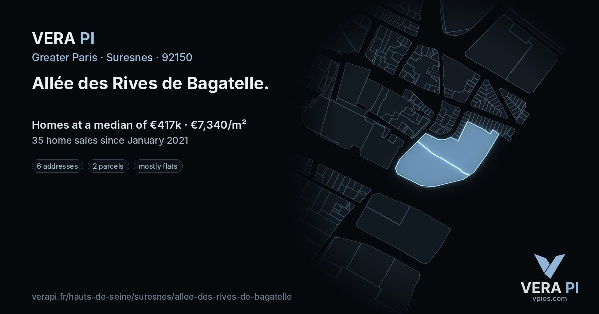 Allée des Rives de Bagatelle, Suresnes at night – every parcel coloured by the prices around it, the street's own parcels lit