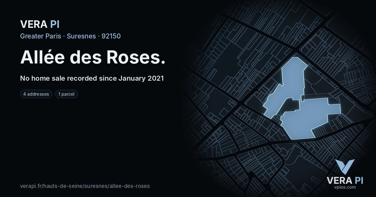 Allée des Roses, Suresnes at night – every parcel coloured by the prices around it, the street's own parcels lit