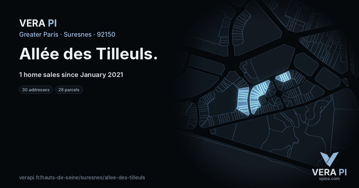 Allée des Tilleuls, Suresnes at night – every parcel coloured by the prices around it, the street's own parcels lit