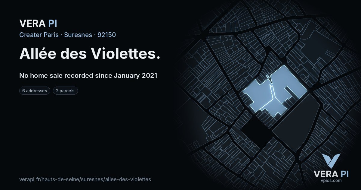 Allée des Violettes, Suresnes at night – every parcel coloured by the prices around it, the street's own parcels lit