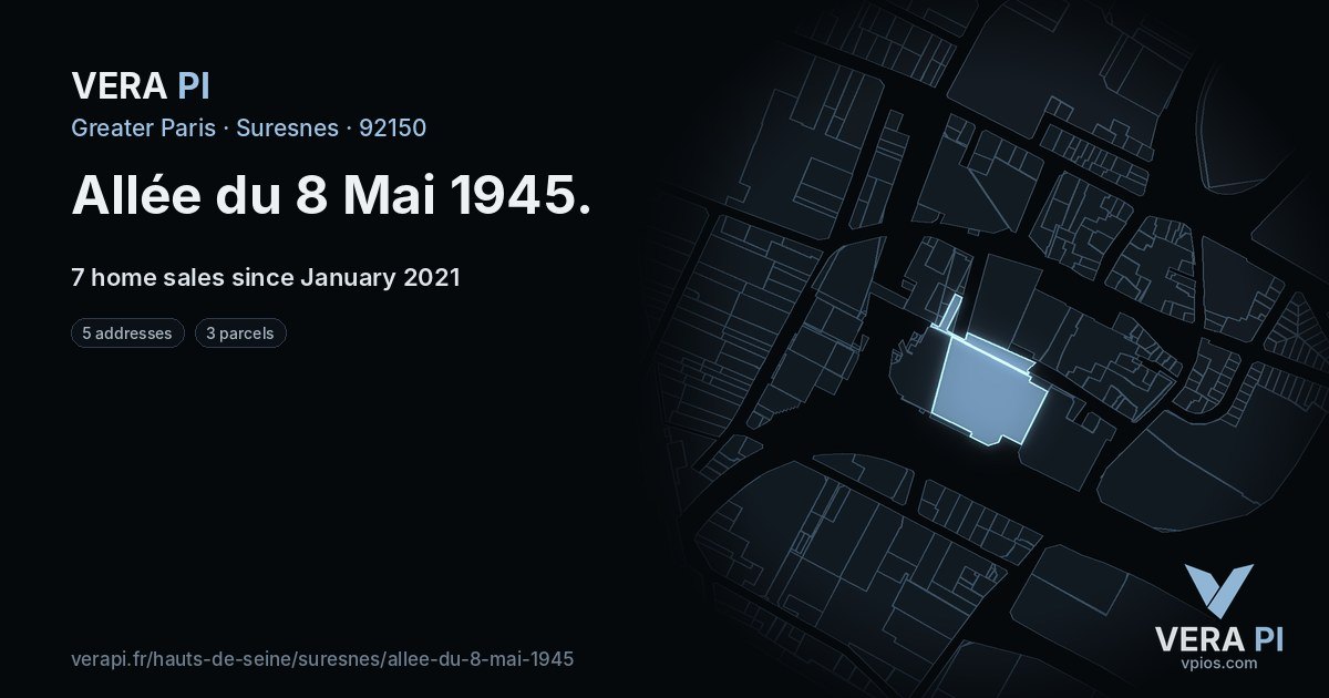 Allée du 8 Mai 1945, Suresnes at night – every parcel coloured by the prices around it, the street's own parcels lit