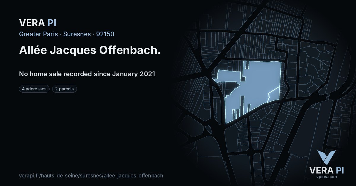 Allée Jacques Offenbach, Suresnes at night – every parcel coloured by the prices around it, the street's own parcels lit