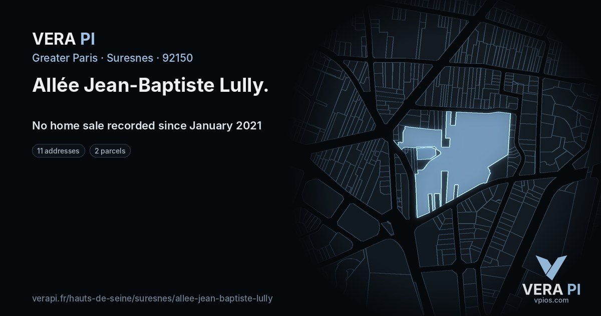Allée Jean-Baptiste Lully, Suresnes at night – every parcel coloured by the prices around it, the street's own parcels lit