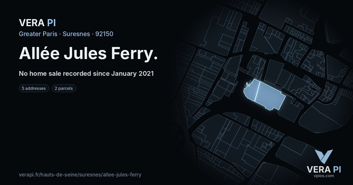 Allée Jules Ferry, Suresnes at night – every parcel coloured by the prices around it, the street's own parcels lit