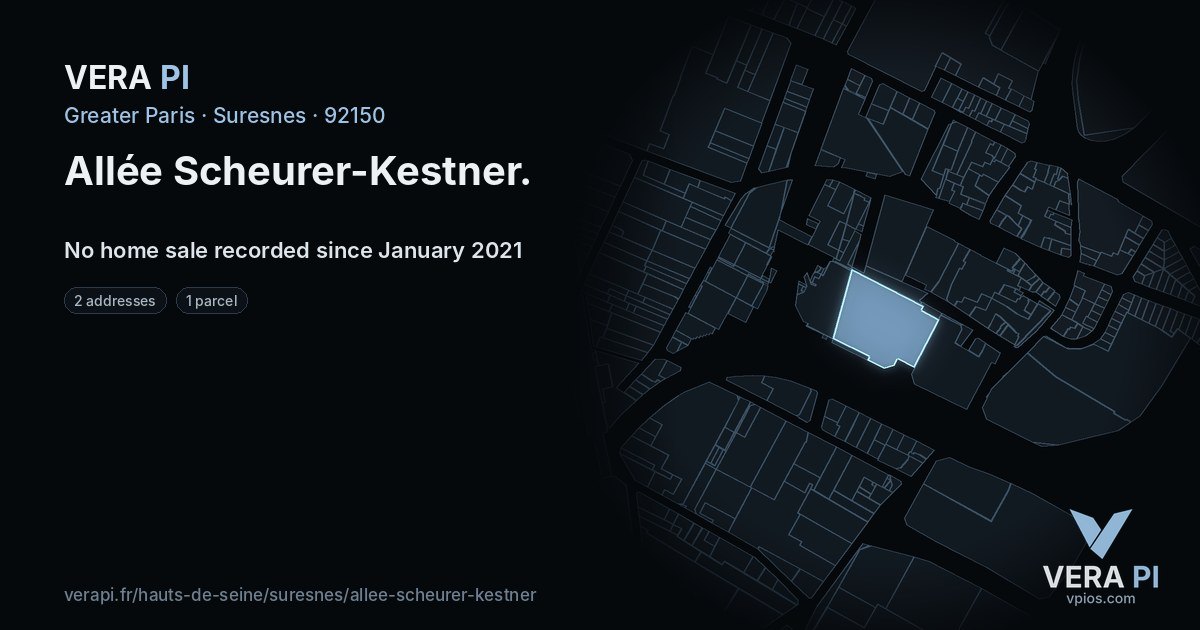 Allée Scheurer-Kestner, Suresnes at night – every parcel coloured by the prices around it, the street's own parcels lit