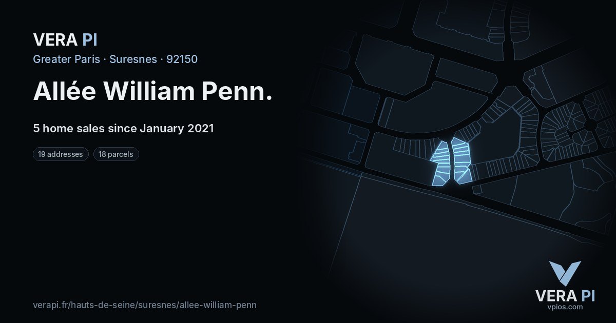 Allée William Penn, Suresnes at night – every parcel coloured by the prices around it, the street's own parcels lit