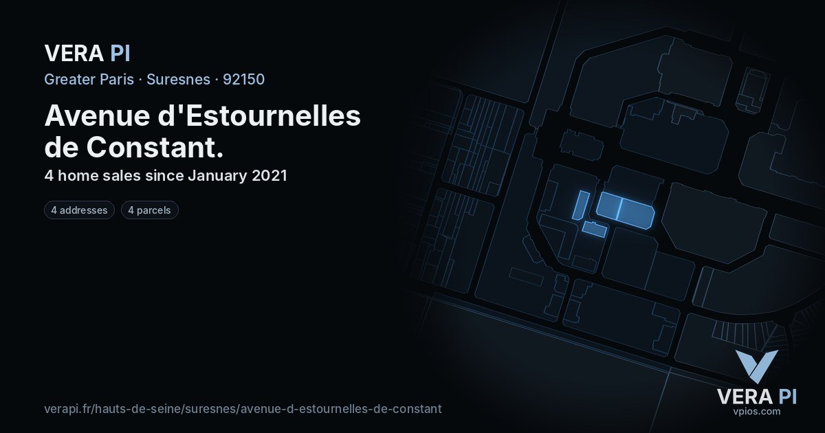 Avenue d'Estournelles de Constant, Suresnes at night – every parcel coloured by the prices around it, the street's own parcels lit