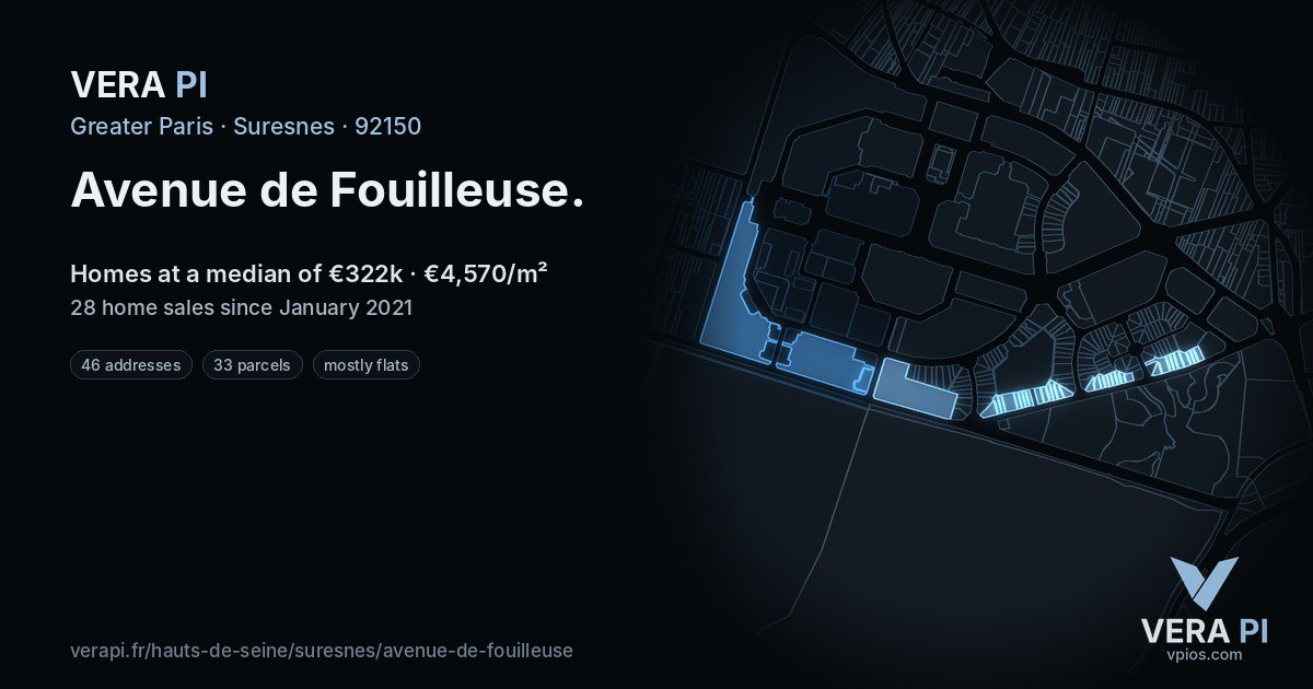 Avenue de Fouilleuse, Suresnes at night – every parcel coloured by the prices around it, the street's own parcels lit