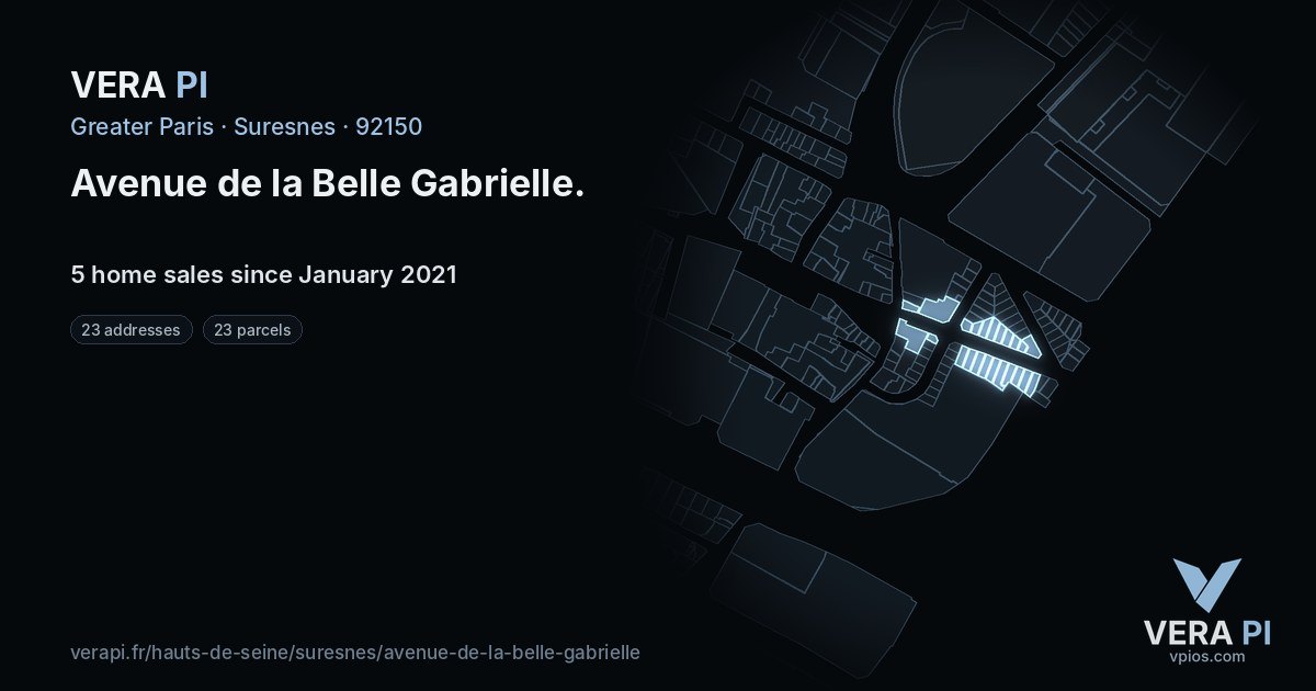 Avenue de la Belle Gabrielle, Suresnes at night – every parcel coloured by the prices around it, the street's own parcels lit