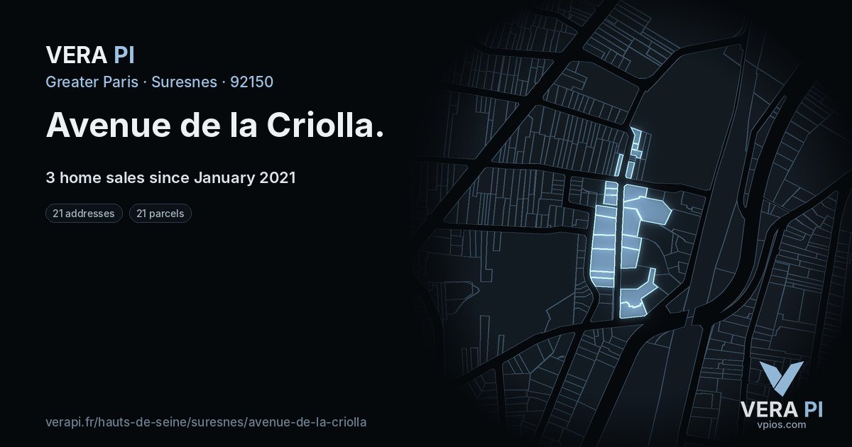 Avenue de la Criolla, Suresnes at night – every parcel coloured by the prices around it, the street's own parcels lit