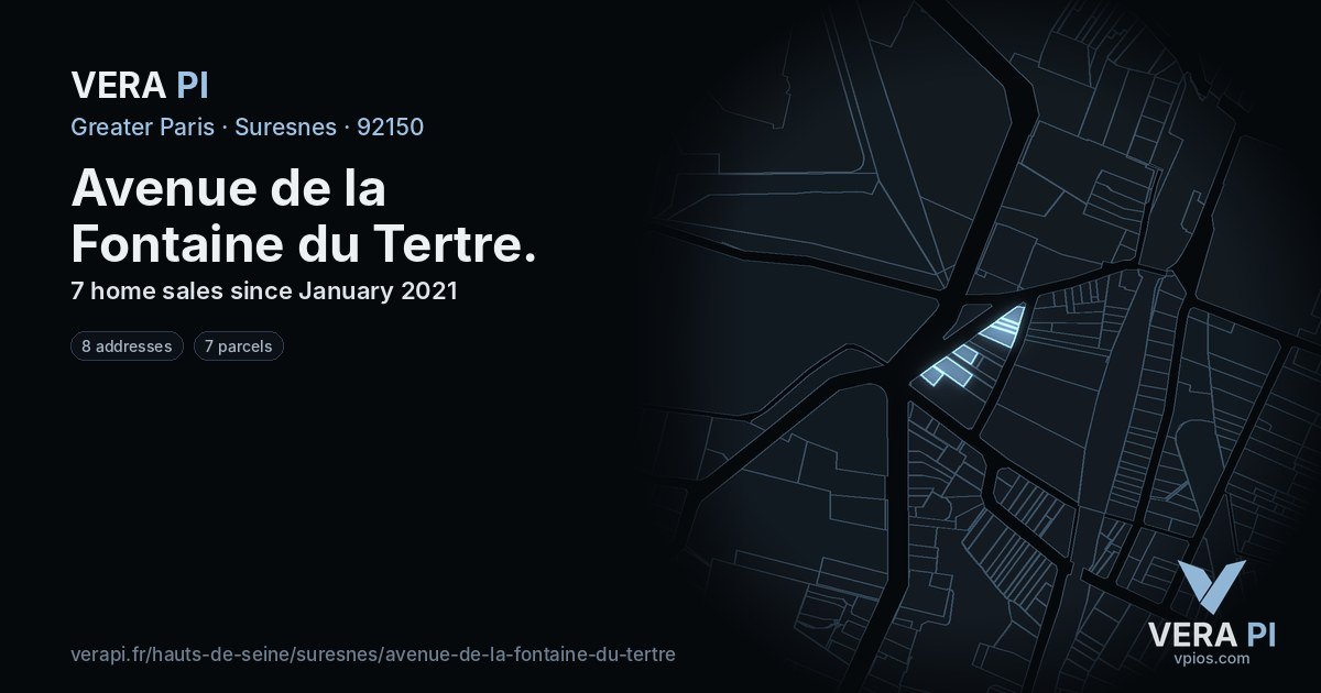 Avenue de la Fontaine du Tertre, Suresnes at night – every parcel coloured by the prices around it, the street's own parcels lit