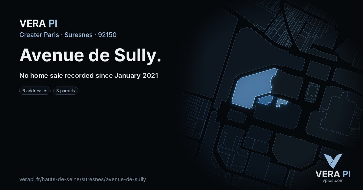 Avenue de Sully, Suresnes at night – every parcel coloured by the prices around it, the street's own parcels lit