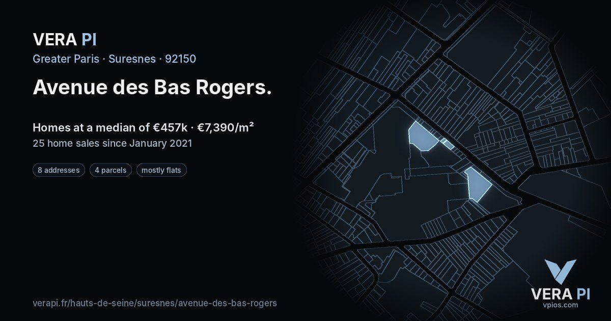 Avenue des Bas Rogers, Suresnes at night – every parcel coloured by the prices around it, the street's own parcels lit