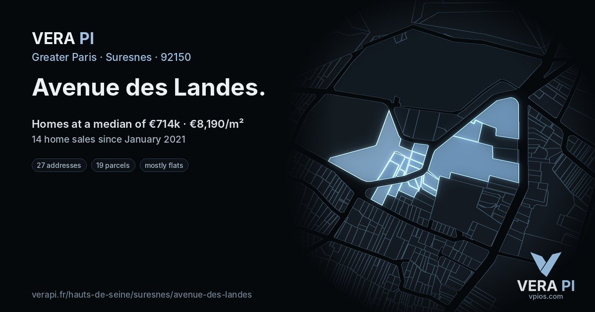 Avenue des Landes, Suresnes at night – every parcel coloured by the prices around it, the street's own parcels lit