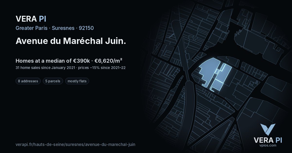 Avenue du Maréchal Juin, Suresnes at night – every parcel coloured by the prices around it, the street's own parcels lit