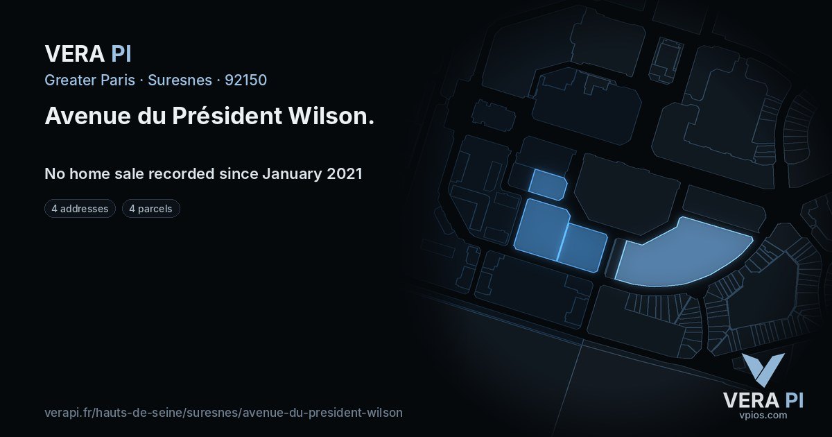 Avenue du Président Wilson, Suresnes at night – every parcel coloured by the prices around it, the street's own parcels lit