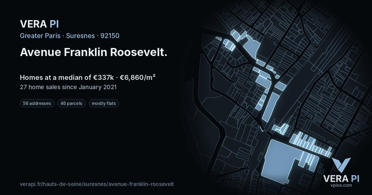 Avenue Franklin Roosevelt, Suresnes at night – every parcel coloured by the prices around it, the street's own parcels lit