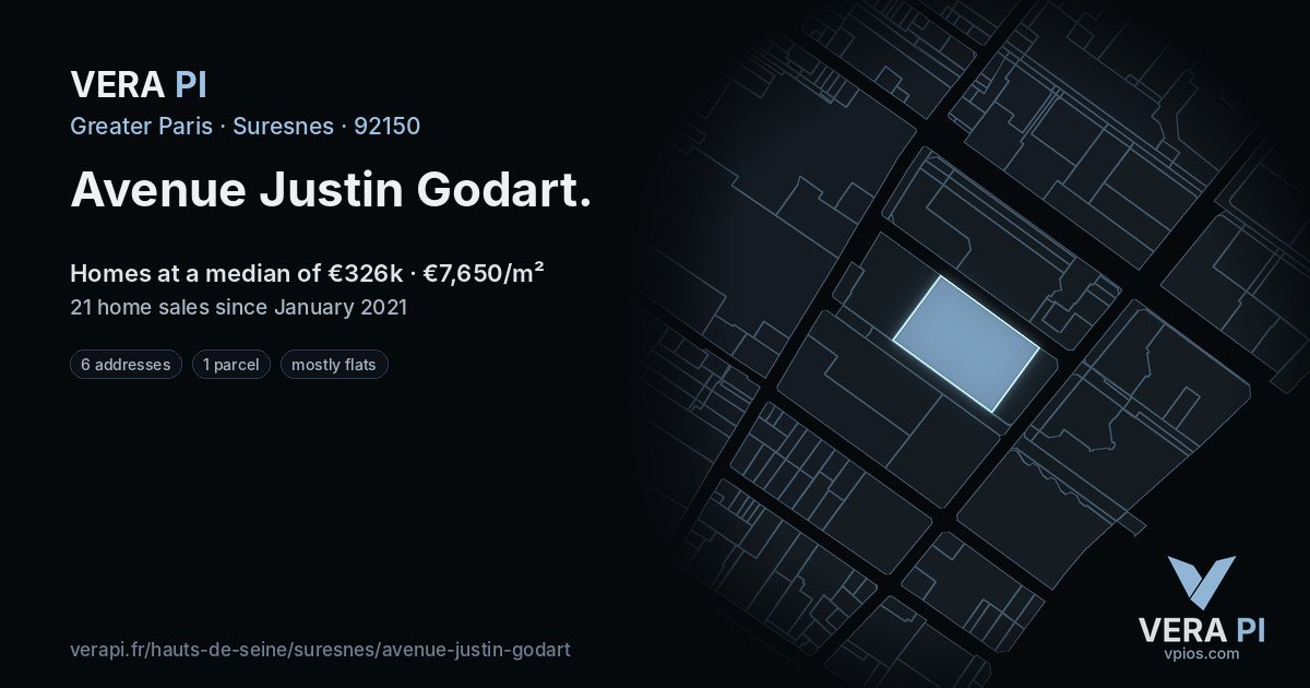 Avenue Justin Godart, Suresnes at night – every parcel coloured by the prices around it, the street's own parcels lit
