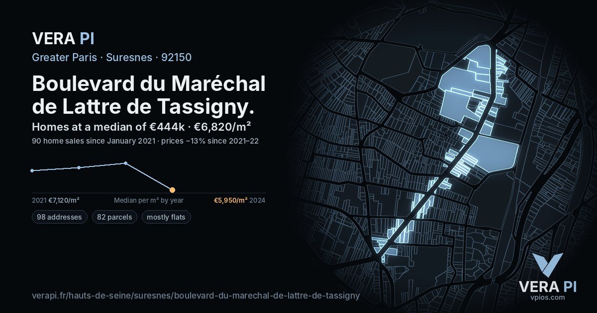 Boulevard du Maréchal de Lattre de Tassigny, Suresnes at night – every parcel coloured by the prices around it, the street's own parcels lit