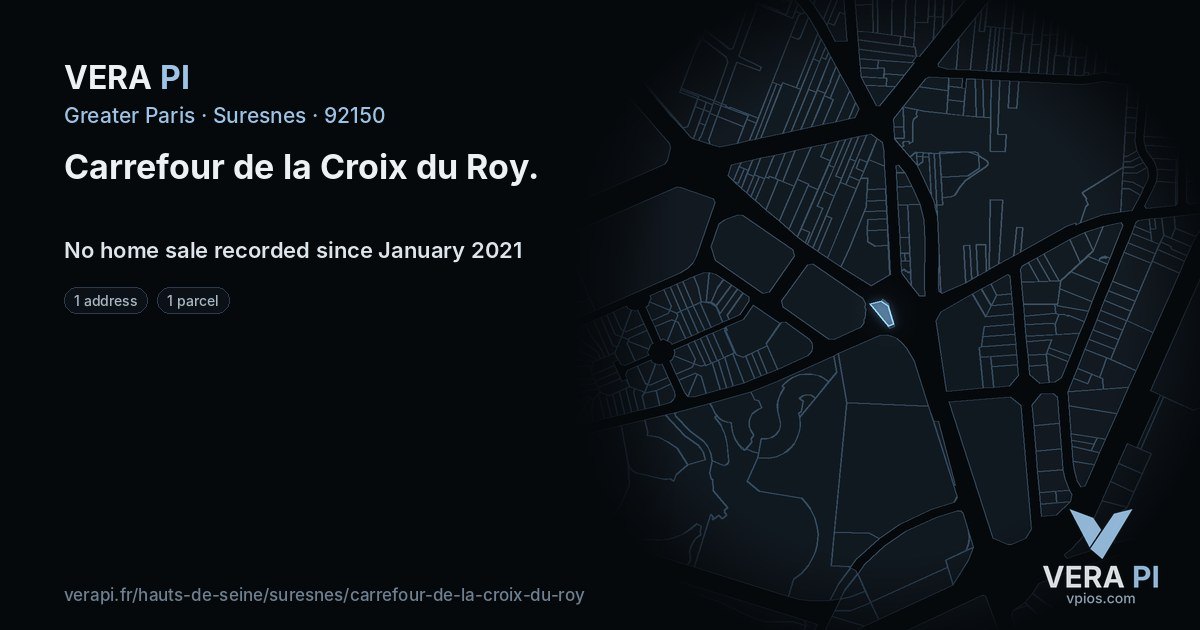 Carrefour de la Croix du Roy, Suresnes at night – every parcel coloured by the prices around it, the street's own parcels lit