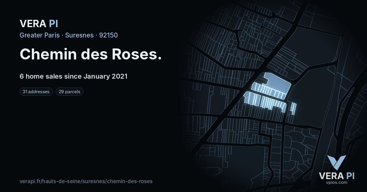 Chemin des Roses, Suresnes at night – every parcel coloured by the prices around it, the street's own parcels lit