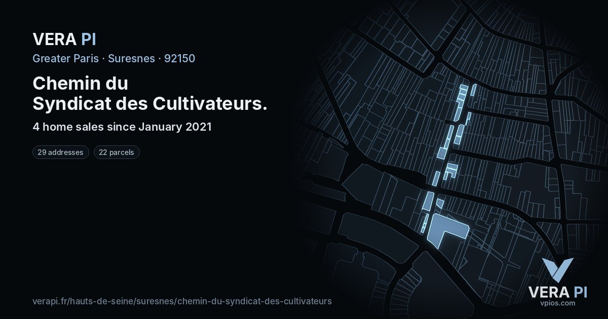 Chemin du Syndicat des Cultivateurs, Suresnes at night – every parcel coloured by the prices around it, the street's own parcels lit