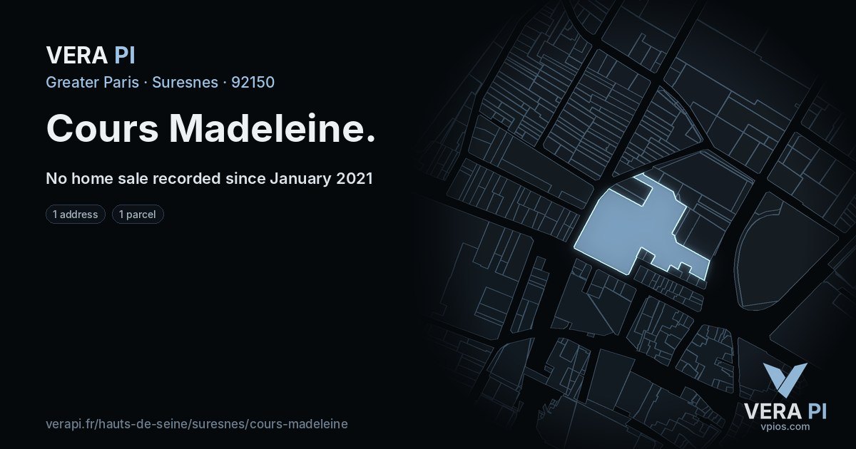 Cours Madeleine, Suresnes at night – every parcel coloured by the prices around it, the street's own parcels lit