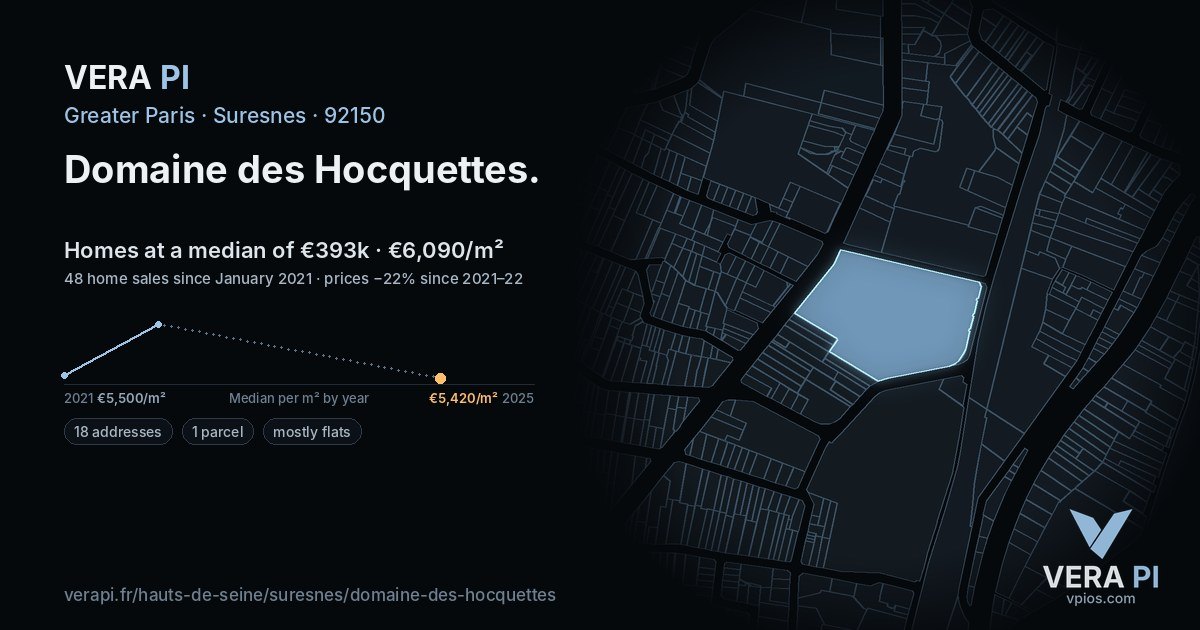 Domaine des Hocquettes, Suresnes at night – every parcel coloured by the prices around it, the street's own parcels lit
