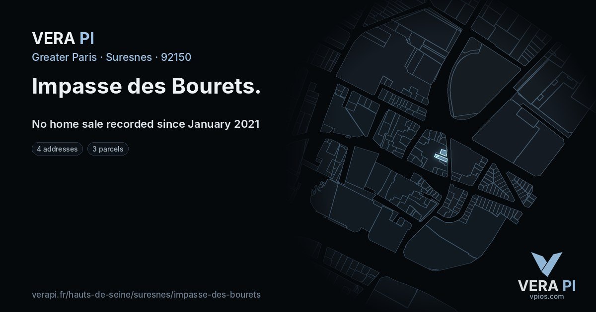 Impasse des Bourets, Suresnes at night – every parcel coloured by the prices around it, the street's own parcels lit