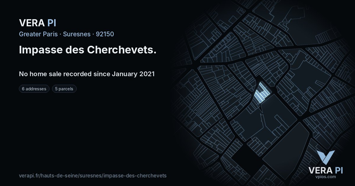 Impasse des Cherchevets, Suresnes at night – every parcel coloured by the prices around it, the street's own parcels lit