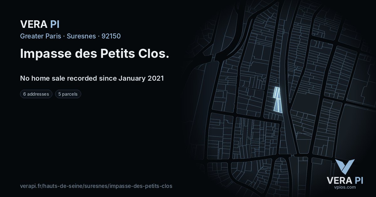 Impasse des Petits Clos, Suresnes at night – every parcel coloured by the prices around it, the street's own parcels lit