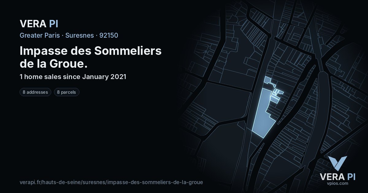 Impasse des Sommeliers de la Groue, Suresnes at night – every parcel coloured by the prices around it, the street's own parcels lit