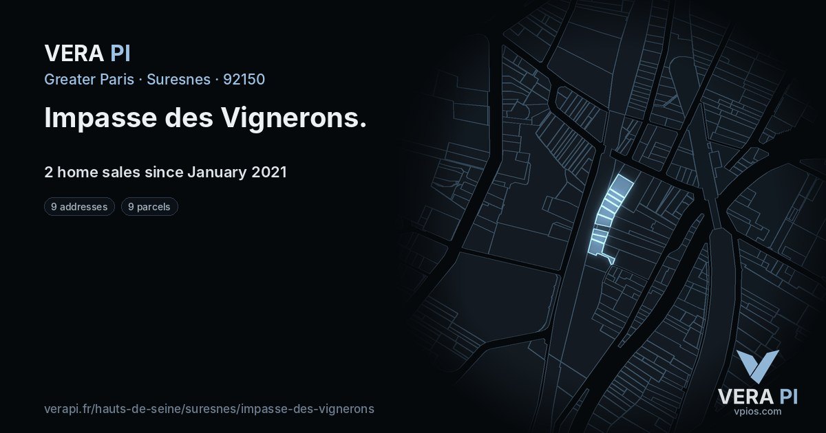 Impasse des Vignerons, Suresnes at night – every parcel coloured by the prices around it, the street's own parcels lit