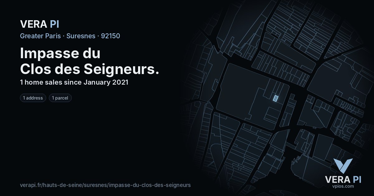Impasse du Clos des Seigneurs, Suresnes at night – every parcel coloured by the prices around it, the street's own parcels lit