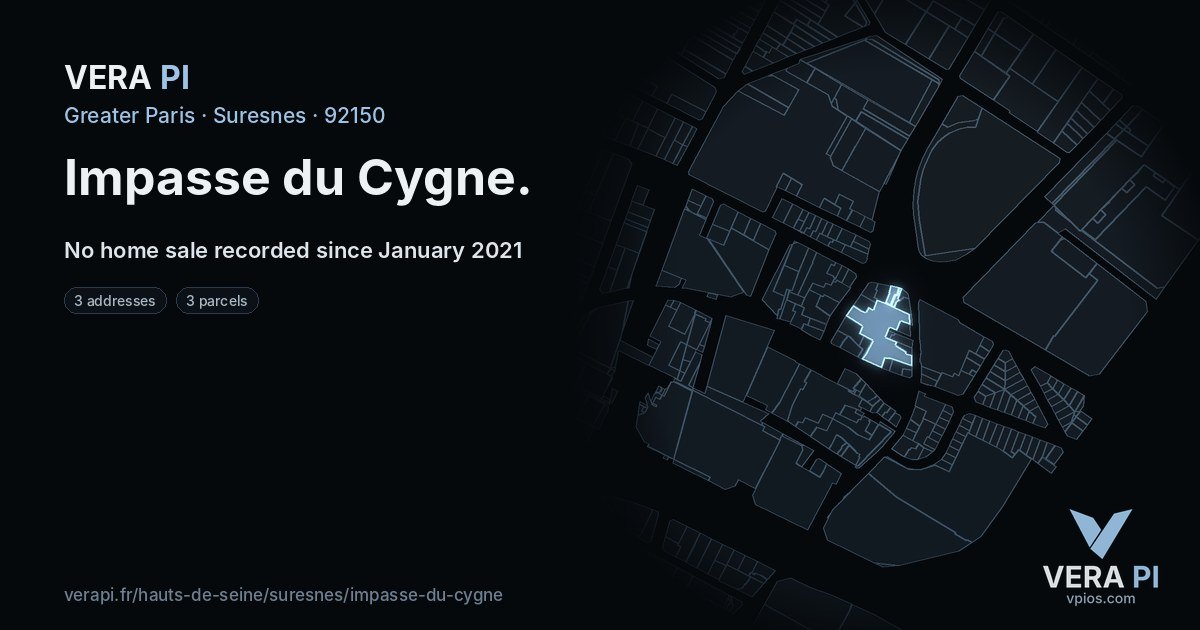 Impasse du Cygne, Suresnes at night – every parcel coloured by the prices around it, the street's own parcels lit