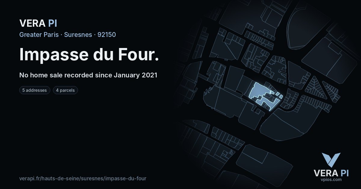 Impasse du Four, Suresnes at night – every parcel coloured by the prices around it, the street's own parcels lit