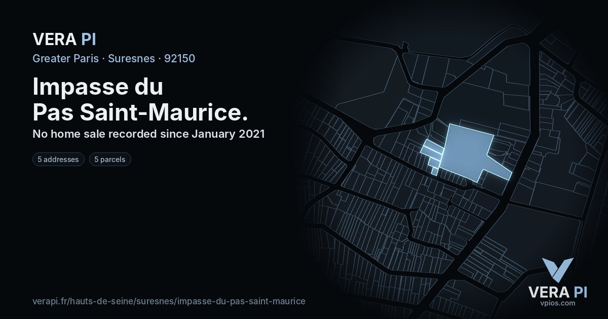 Impasse du Pas Saint-Maurice, Suresnes at night – every parcel coloured by the prices around it, the street's own parcels lit